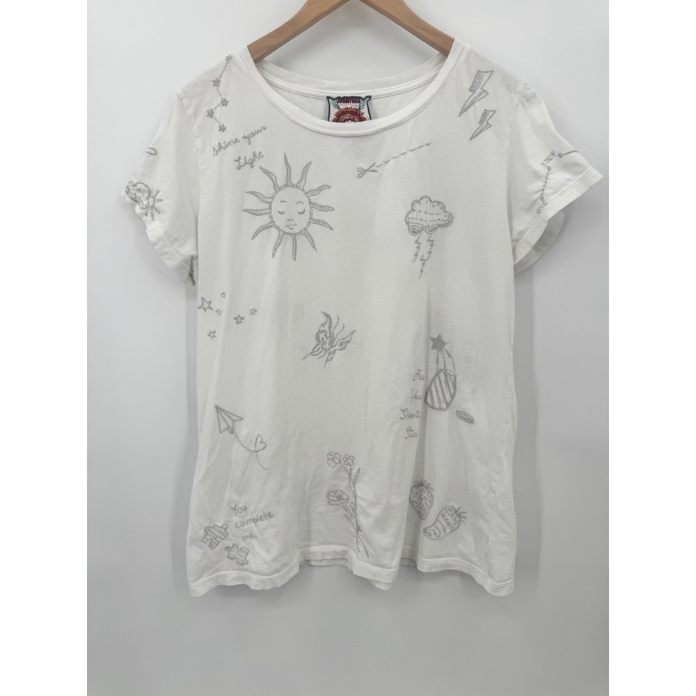 Johnny Was Embroidered Tee Women Large White Silver Celestial J19822-2